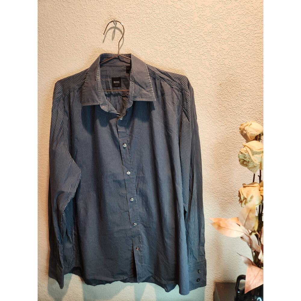 Hugo Boss Fitted Stripe Shirt Mens Large Business Casual Blue Cotton‎ Blend 25